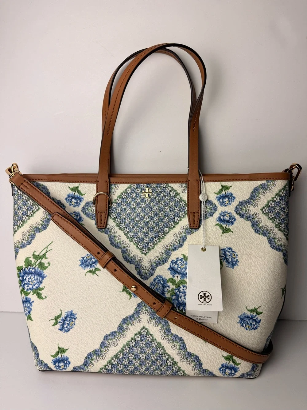 Tory Burch Kerrington Small Zip Tote Terrace Ditsy Floral Cloud Blue Brown